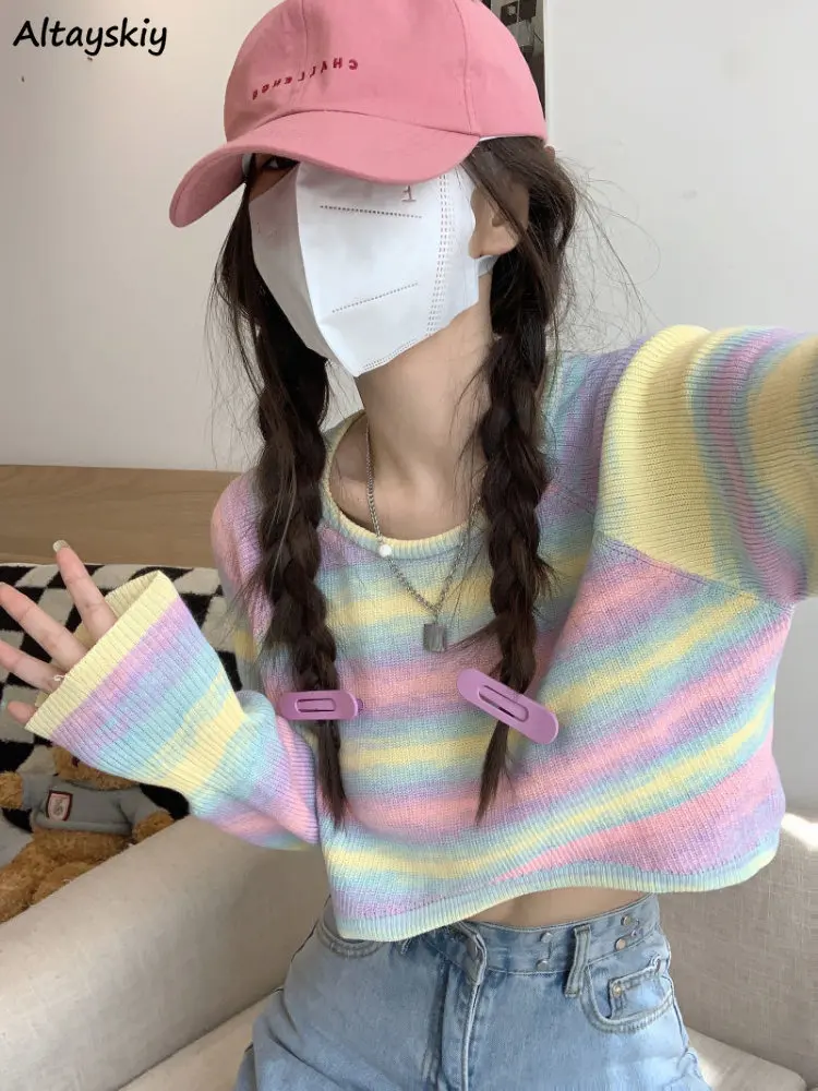 

Pullovers Women Cute Autumn Retro Tender Korean Preppy Style Lovely Simple Knitting All-match Student Sweaters Harajuku Cropped