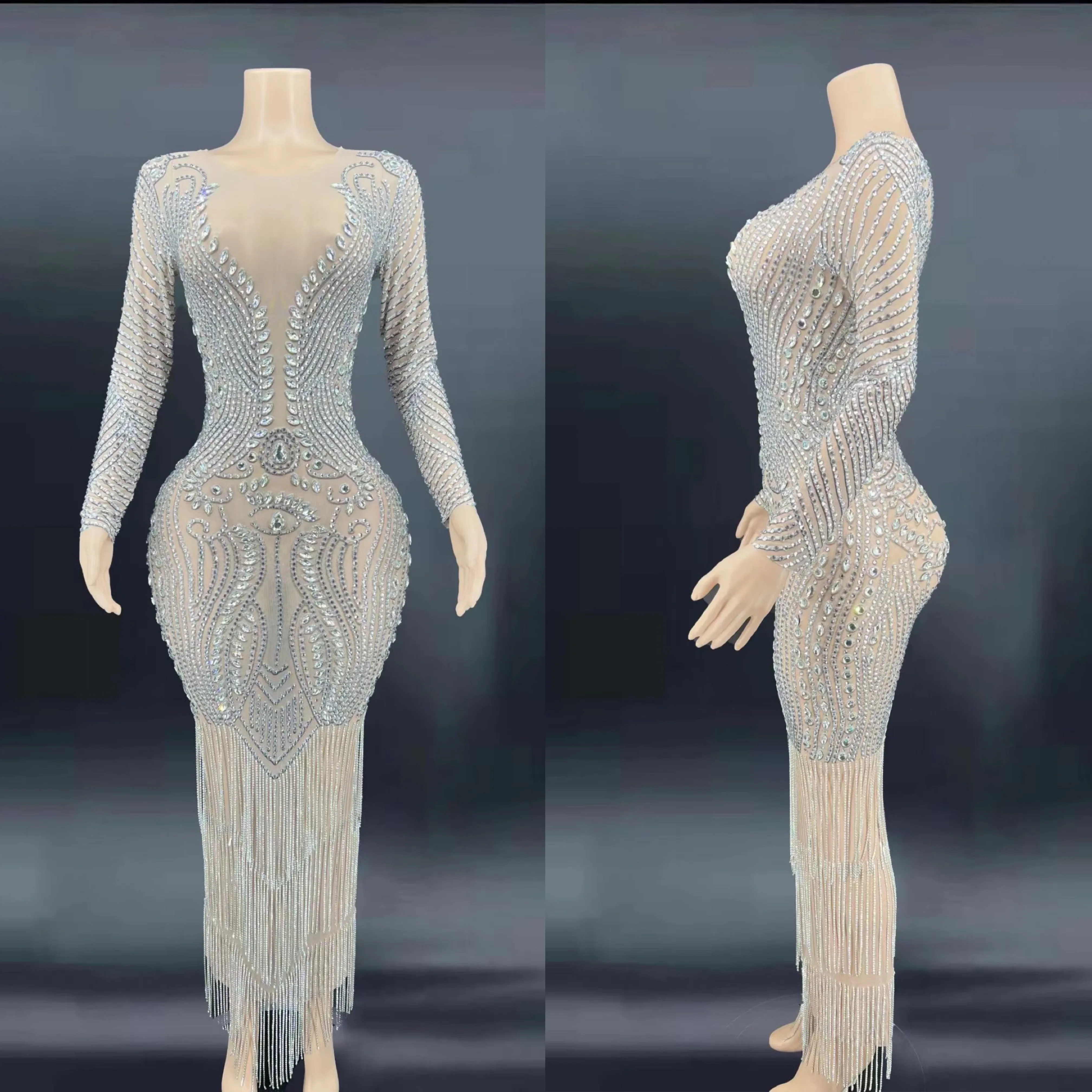 

Nude Shining Rhinestones Crystal Long Sleeves Tassel Sexy Dress For Women Evening Banquet Celebrity Wear Concert Stage Costumes