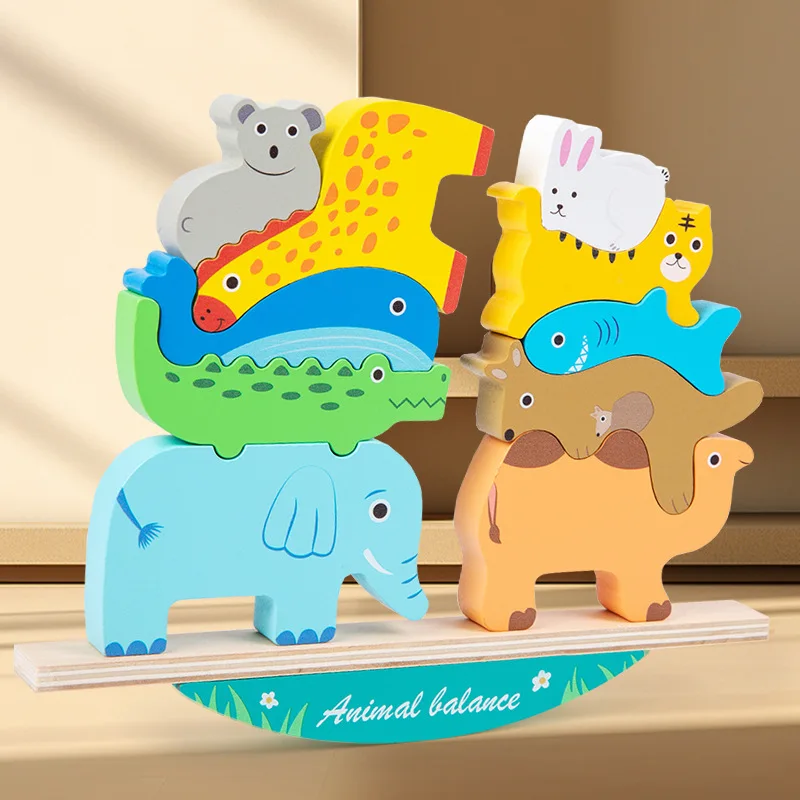 Montessori blocos de construção educacionais brinquedos crianças cognitivo aprendizagem precoce equilíbrio empilhamento bloco jogo de madeira floresta animais conjunto