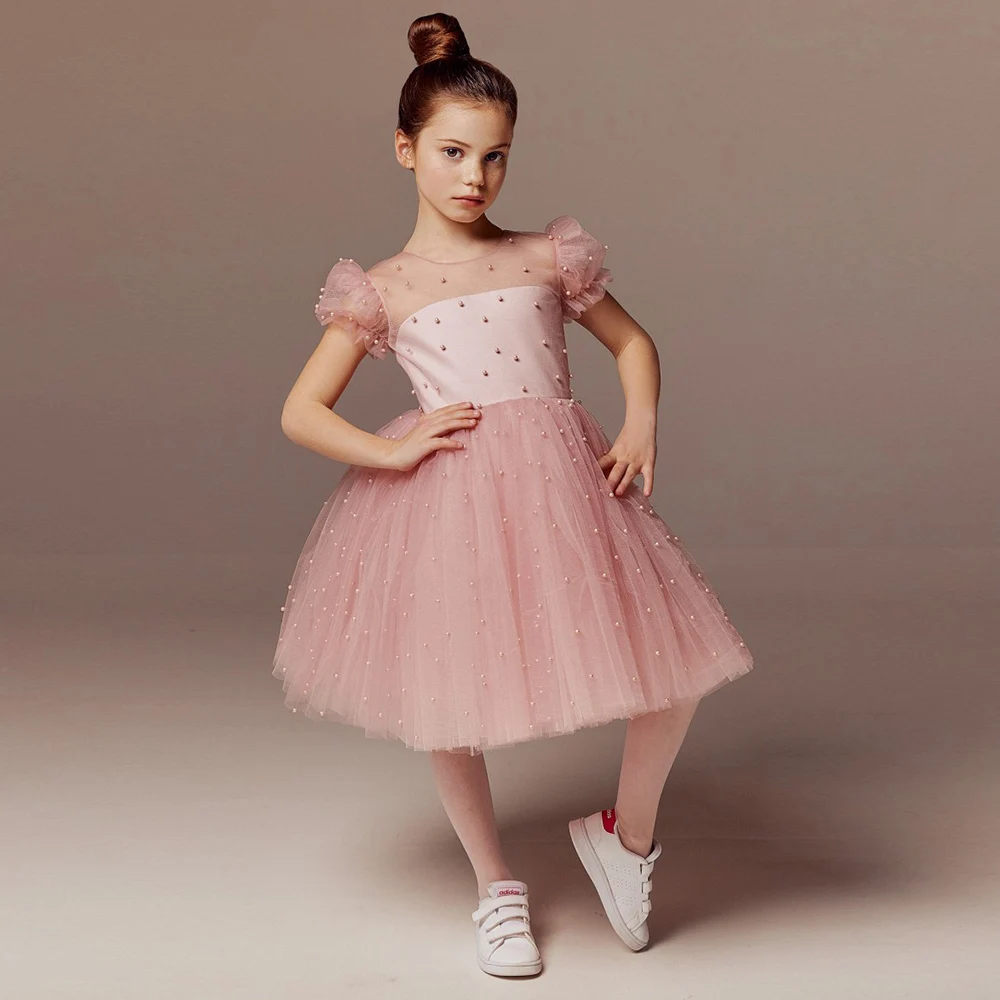 Chic A Line Pink Flower Girl Dresses Beading Short Sleeve Knee Length Fluffy Tulle Baby Birthday Dress Платья для девочек-цветоч maxi раскраска для девочек