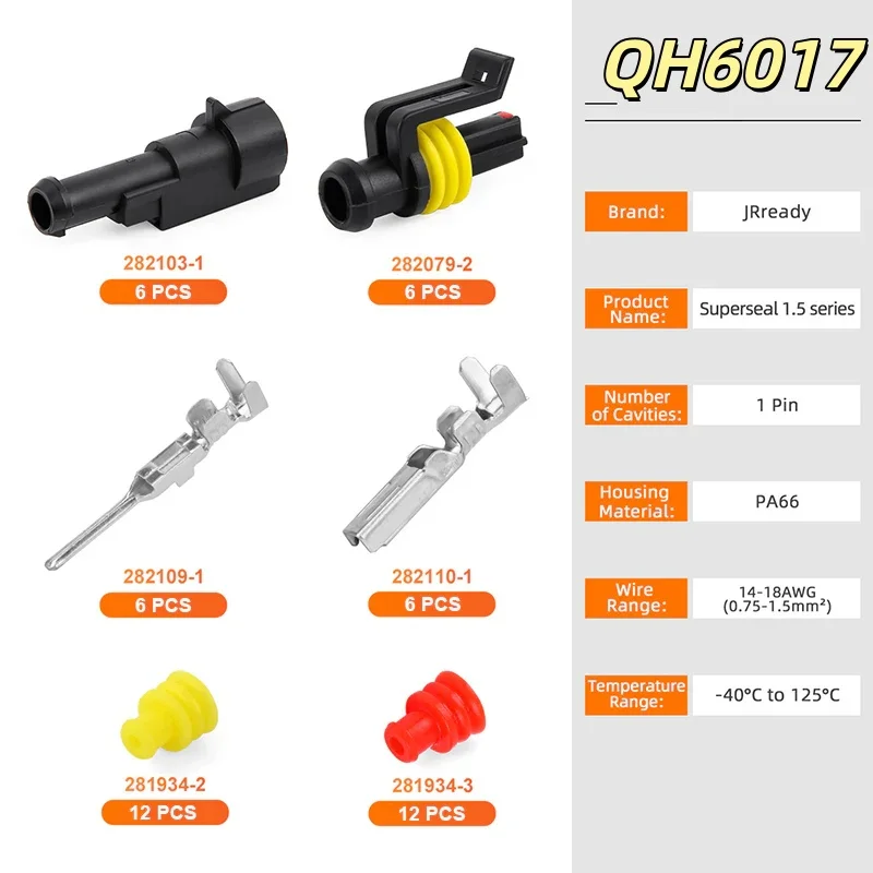 JRready 1~6-Pin Automotive Wire Connectors - Superseal 1.5 Series Waterproof Electrical Connectors Kit (6 Sets)