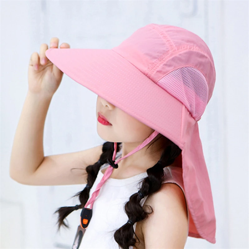 Summer Boys Girls Sun Bucket Hat with Shawl Mesh UV Protection Kids Fisherman Hat with Windproof Rope