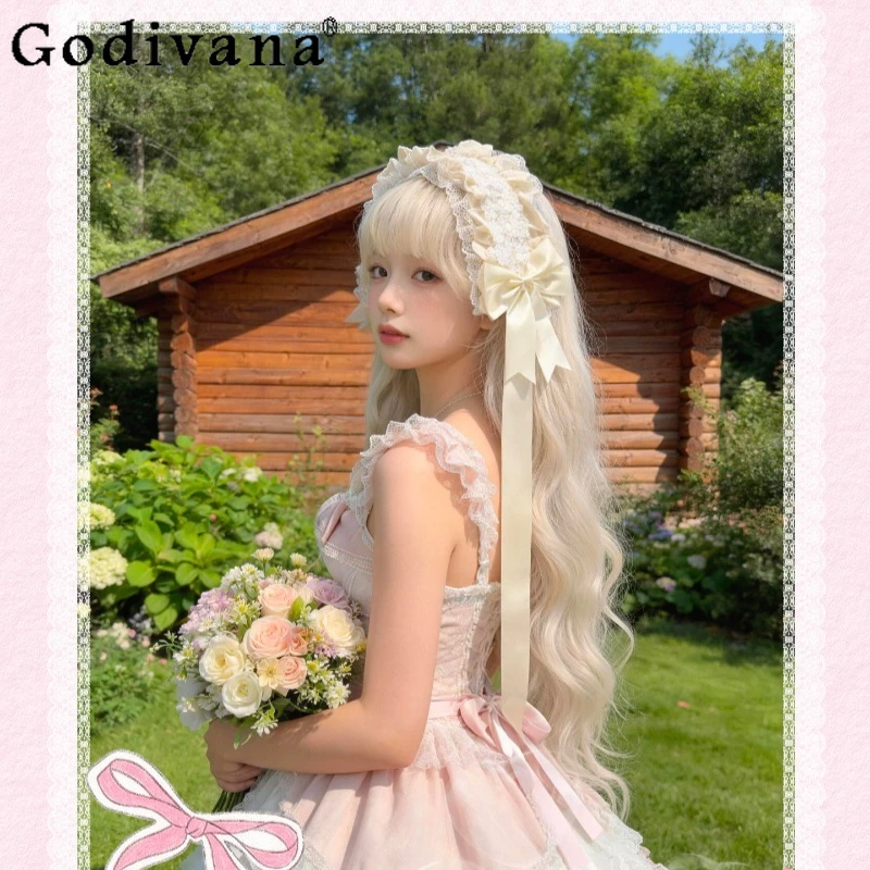 

Винтажная белая кружевная повязка на голову в стиле Лолита для женщин, милая повязка с бантом и рюшами, аксессуар для волос для девочек, для вечеринок и повседневной носки