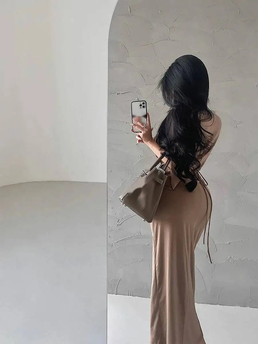 الخريف فضفاض فستان طويل غير رسمي الخامس الرقبة الملتوية حزام الخصر سبليت فستان أنيق برتقالي وردي فساتين ضئيلة المرأة 2024 جديد أعلى 07PM