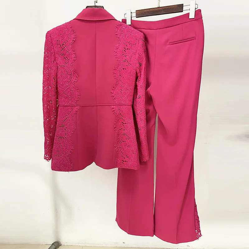 Popular Pink Women's Suit Set Casual Wedding Prom Party Birthday Lace Hollow Splice Slim Fit One Button Suit Speaker Pants