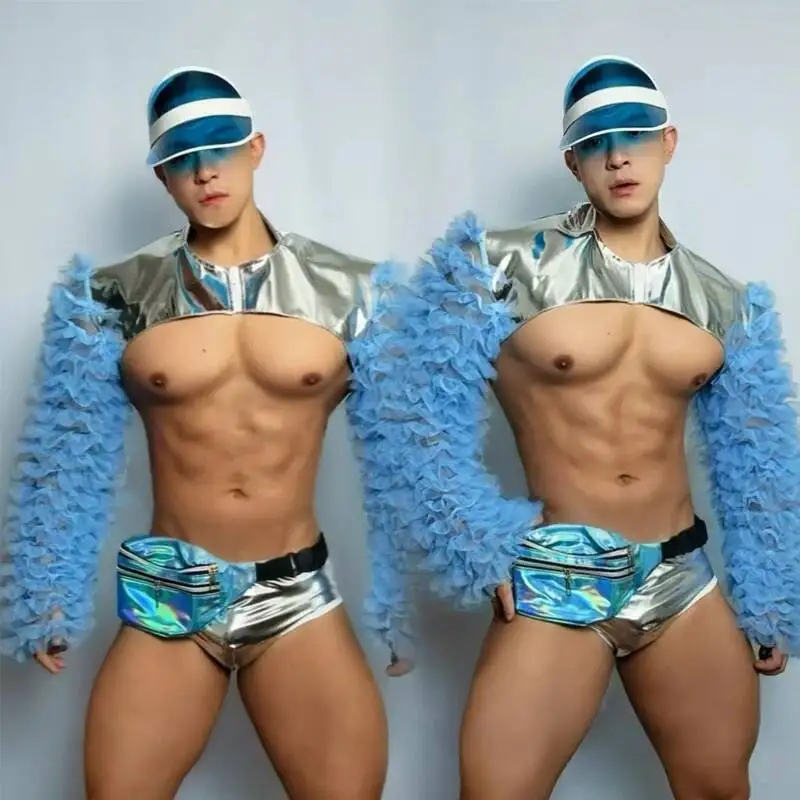 Muscle Man Gogo Dancer Costume Lace Sleeves Coat Laser Shorts Men Sexy Pole Dance Clothing Nightclub DS DJ Stage Wear view 2