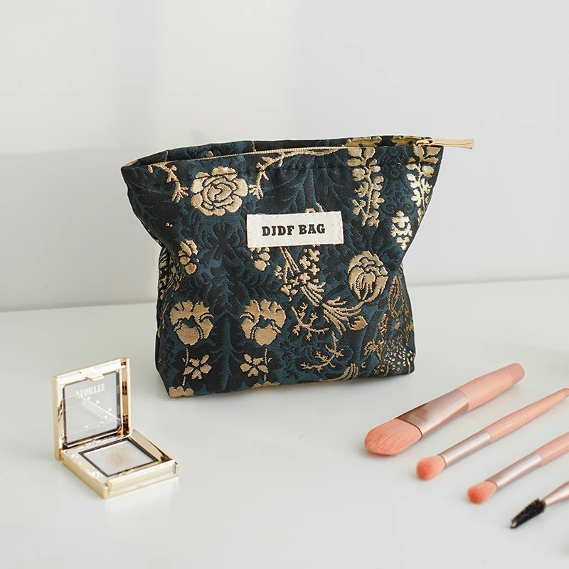 Women\'s Makeup Bag Small Dark Green Gold Large Capacity Lipstick Change Storage Bag Commuting Handy Hand Compact Coin Purse Ins