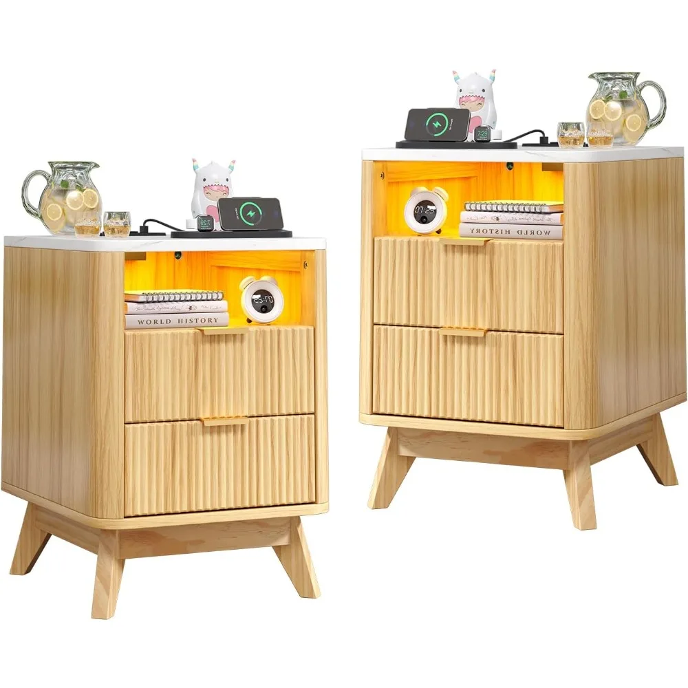 

Nightstand with Charging Station, Fluted Nightstand with LED Lights, Modern Rustic Side Table with 2 Storage Drawers, Wooden End