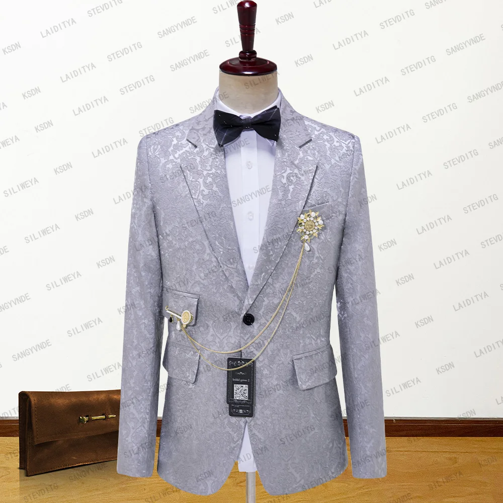 

Men Wedding Suit 2023 New Italian Design Custom Made Grey Jacquard Floral Smoking Tuxedo Groom Terno Blazers Coats Jackets