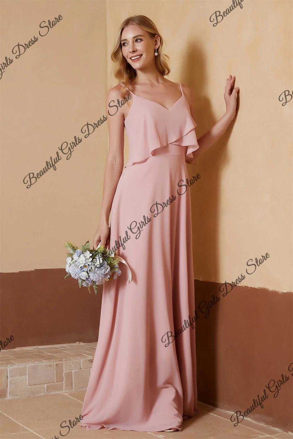 

Chiffon Spaghetti Straps V-Neck A-line Bridesmaid Dresses Ruffles Corset Sleeveless Formal Evening Party Long Backless Prom Gown