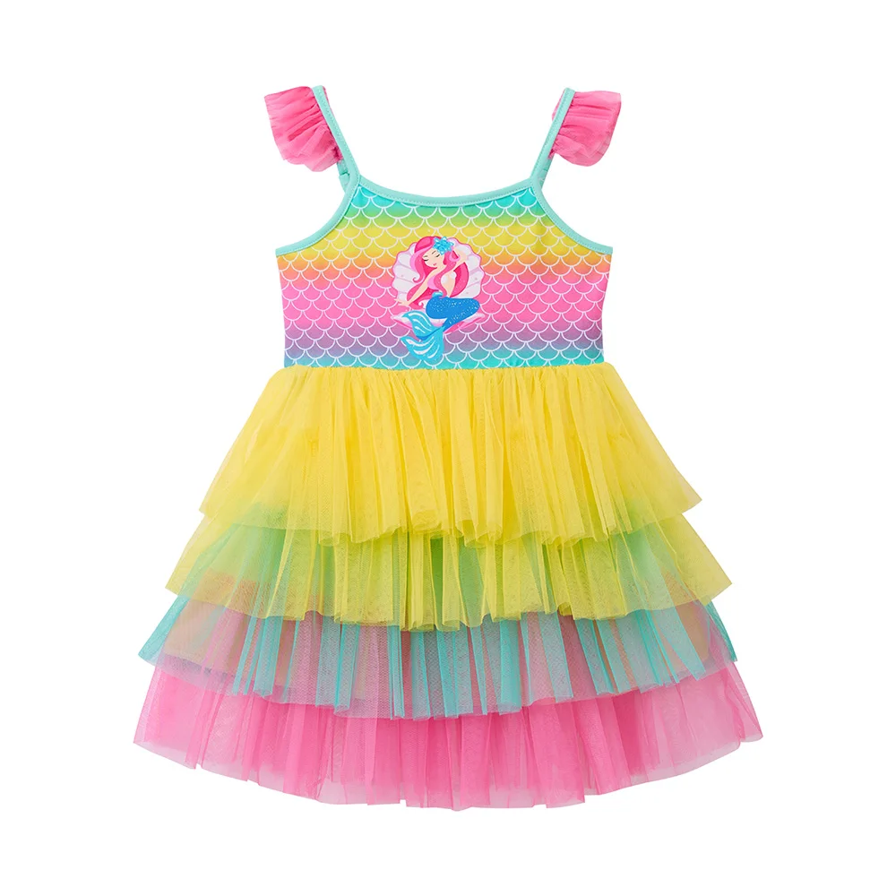 VIKITA Toddlers Rainbow Mermaid Tutu Dress Kids Ombre Scale Print Spaghetti Strap Summer Dress Girls Layered Polyester Frocks