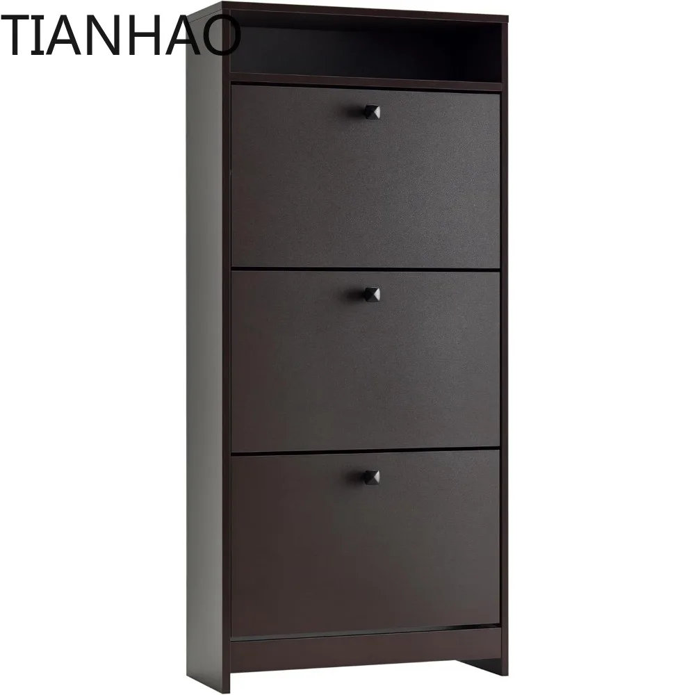 Slim Shoe Cabinet, Trendy Shoe Storage Cabinet with 3 Large Fold-Out Drawers & a Spacious Top Surface for Small Items,