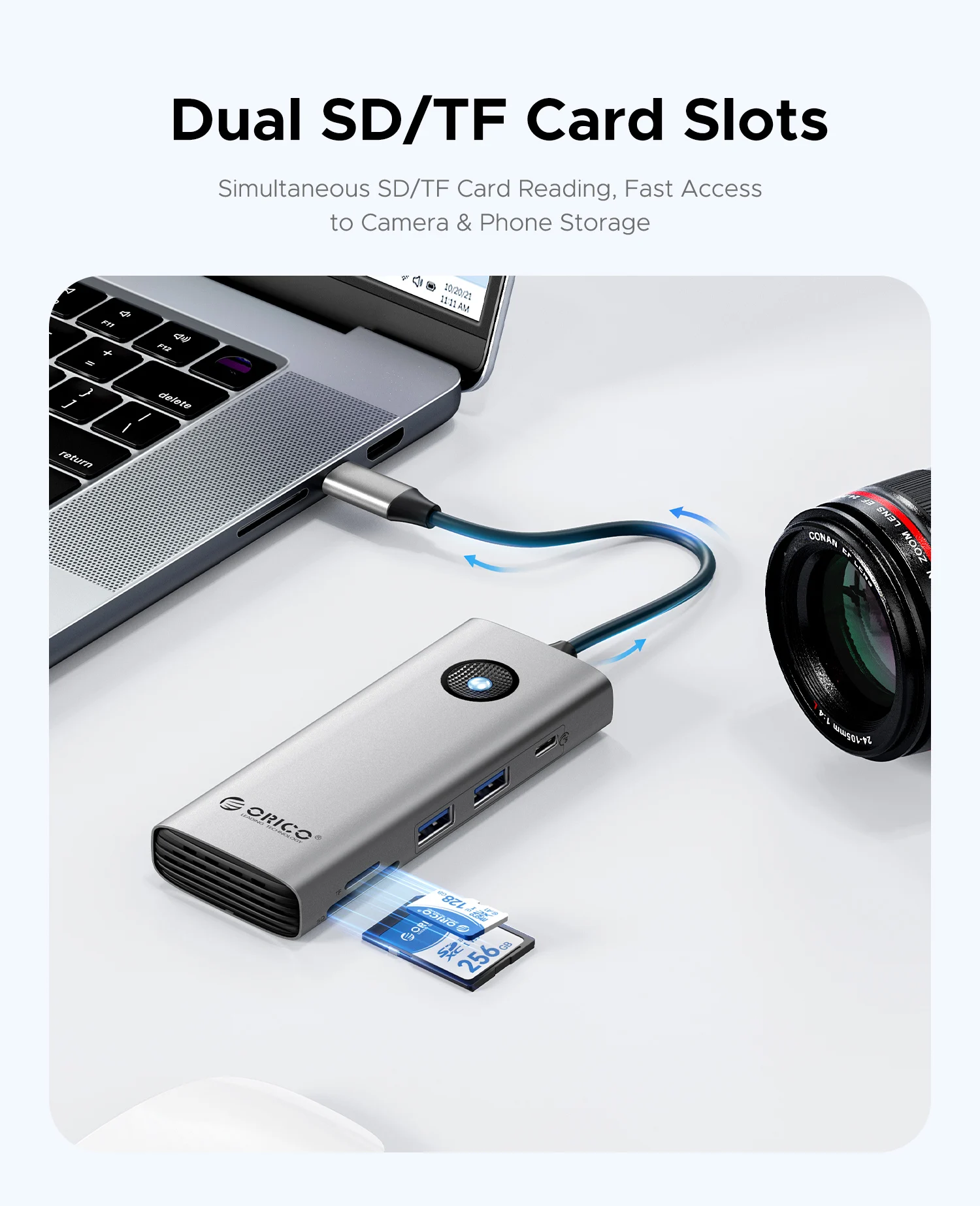 ORICO 8-Port USB 3.0 HUB موسع العرض الثلاثي لمحطة إرساء الكمبيوتر المحمول MacBook اثنين HDMI-COM 4K60HZ PD100W محول الفاصل