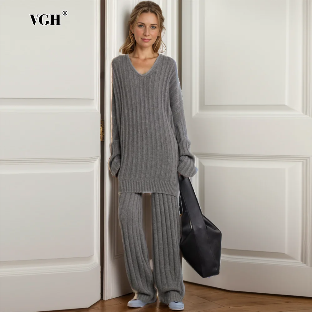 

VGH Solid Knitting Two Piece Sets For Women V Neck Long Sleeve Pullover Sweaters High Waist Straight Pants Slimming Set Female