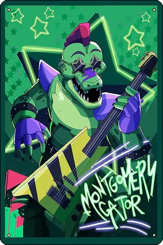 Fnaf Monty Montgomery Gator Five Nights Security Poster Funny Metal Tin Sign for Home Kitchen Bar Room Garage Decor