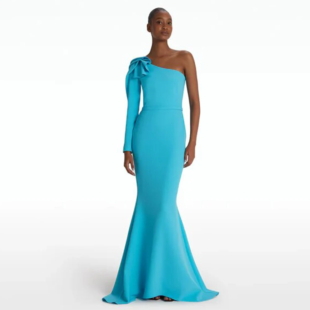 

Simple Sorority Formal Dress Azure Jersey Ruffles Bespoke Occasion Gown Mermaid&Trumpet One-shoulder Long Dresses