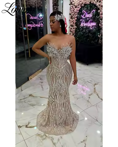 Silver Crystal Tassels Mermaid Prom Dresses Customized Beading African Black Girls Evening Gowns Glitter Birthday Party Dress