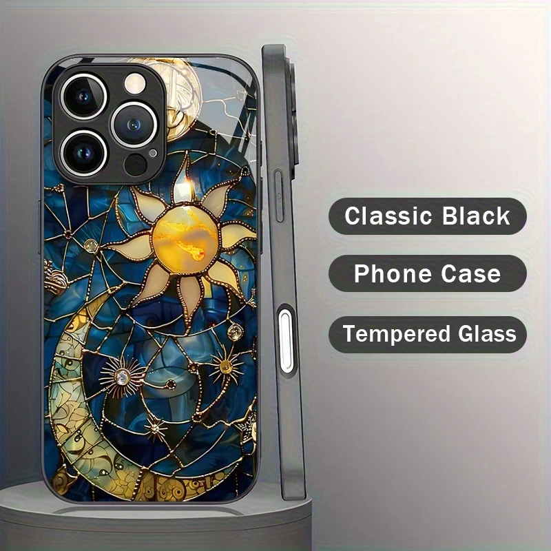 

Sun and Moon Pattern Elegant Patterned Glass Case for iPhone 17/16/ 15/ 14/ 13/ 12/ 11 Series, Full Coverage Shock