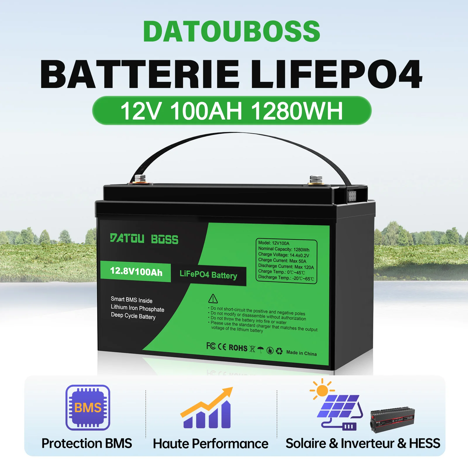 Batterie LiFePO4 Datouboss 12V 100Ah à décharge profonde avec BMS intégré, haute performance pour solaire, onduleur, HESS, 1280Wh