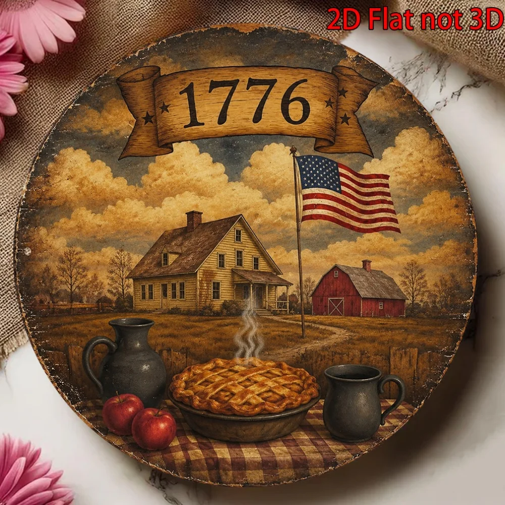 2D Flat - 1pc 20.32 X 20.32 cm 2D Flat Circular Aluminum Sign, Vintage Aluminum Plaque of 1776 American Independence Day, US Fla