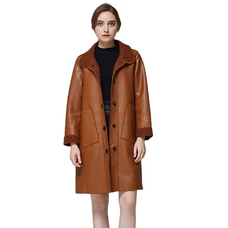 

2023 Fashion Leather Coat Women Autumn Winter Fleece Lining Long Jacket PU Leather Windbreaker Streetwear Female Slim Overcoat
