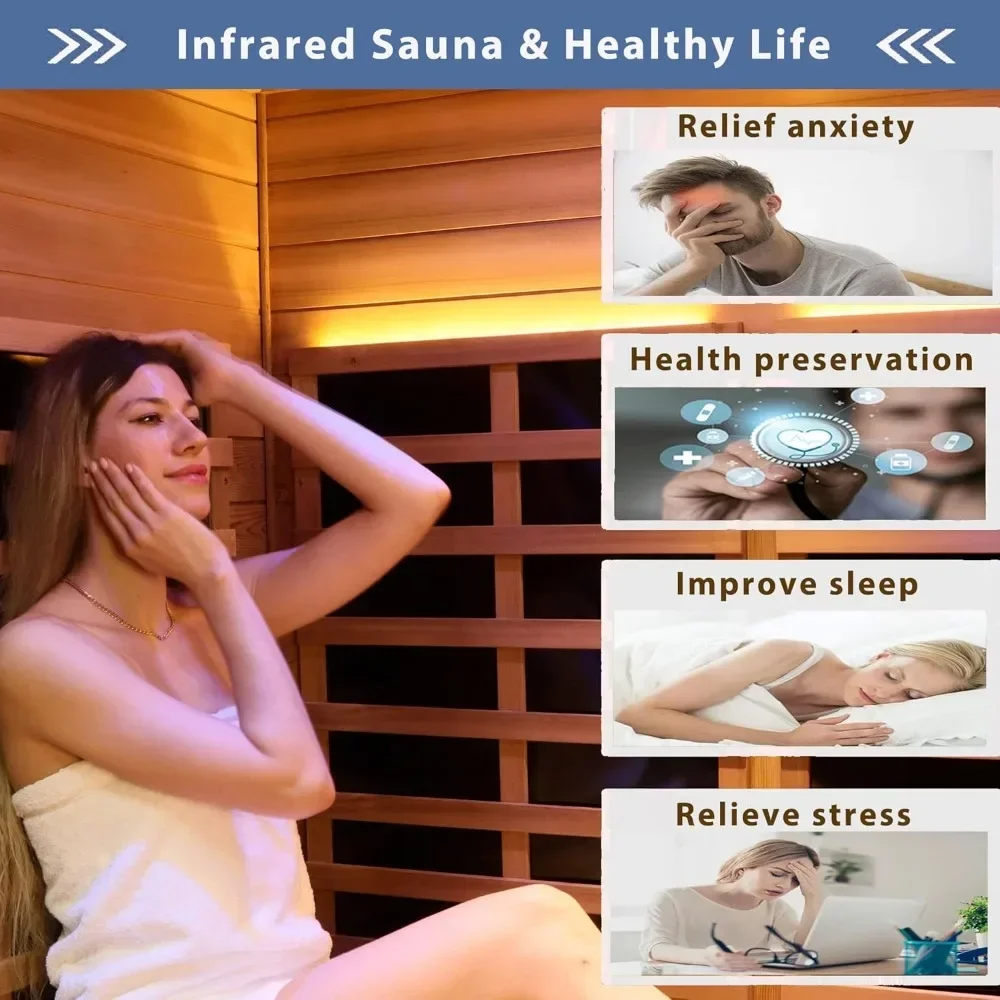 Infrarot-Sauna für 2–3 Personen, Ferninfrarot-Sauna für Zuhause, niedrige EMF-Sauna für den Innenbereich, Sauna-Spa aus Holz mit Hemlock, 1670 Watt