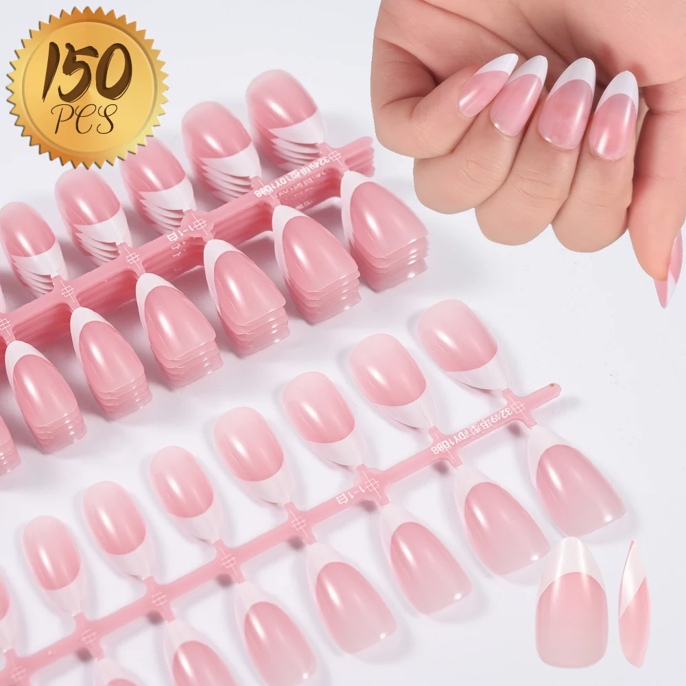 150Pcs Almond French Nude Fake Nails Press on Nails Almond White-edge French Tips Full Cover(17-24mm) Almond Soft Gel Nail Tips