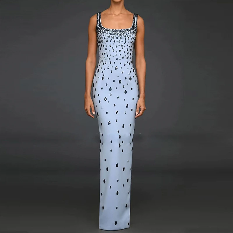 

Summer New Women's Heavy Bead Embellished Diamond Elastic Slim Fit Vest Dress Y2K High Quality Fashion Sexy Long Skirt XXL