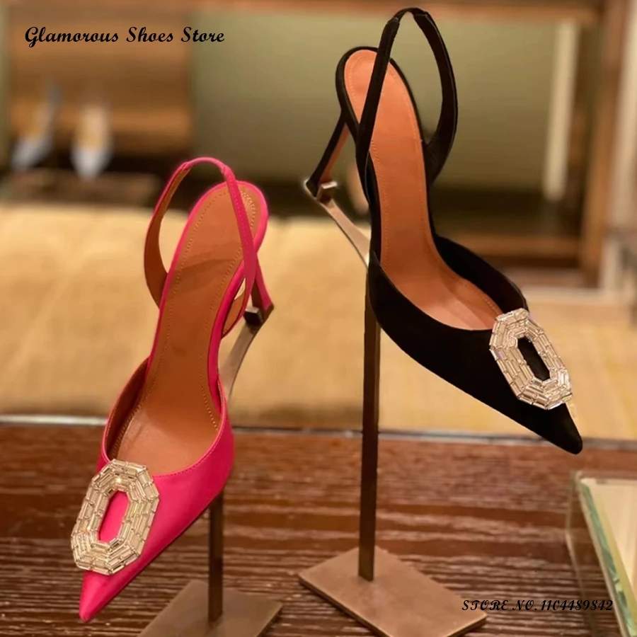 

Crystal Buckle Satin Slingback Pumps Women's Pointed Toe Thin Heels Party Wedding Shoes Spring Summer Elegant Slip On Stilettos