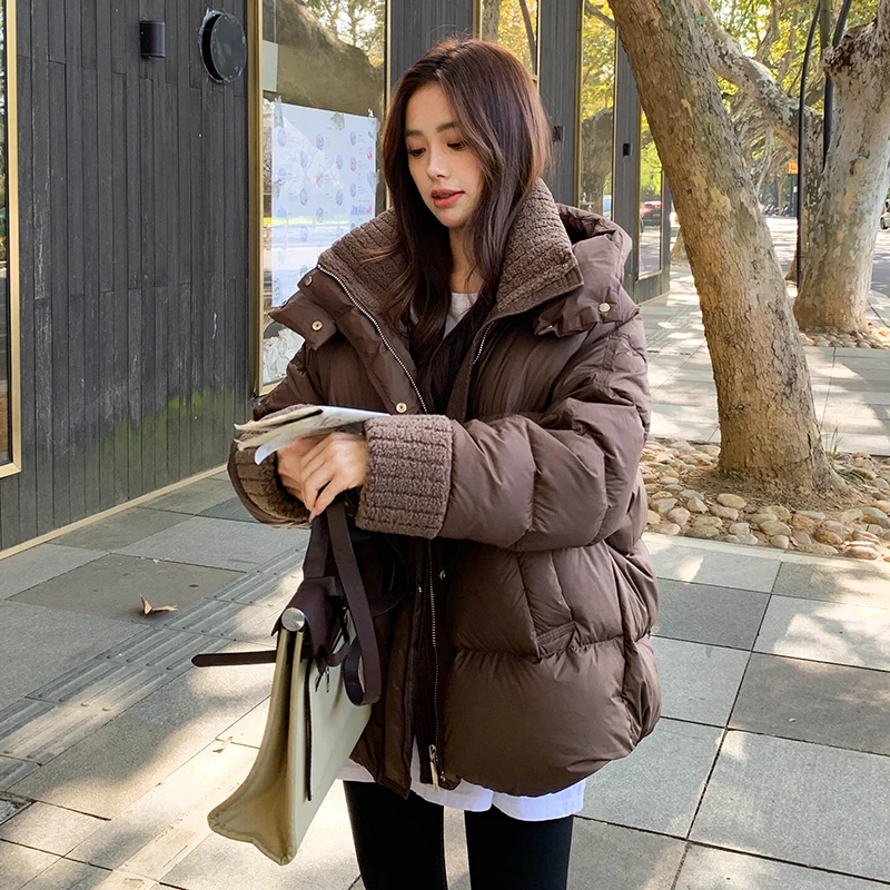

Lambswool Splicing Thick Women's Winter Coat 2025 New Fashion Solid Color Hooded Puffer Jackets Cotton Padded Short Parkas