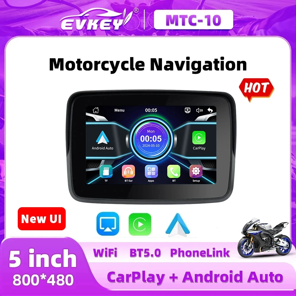 EVKEY Motorcycle Navigation Carplay Display Screen Portable Motorcycle Wireless Android Auto Monitor