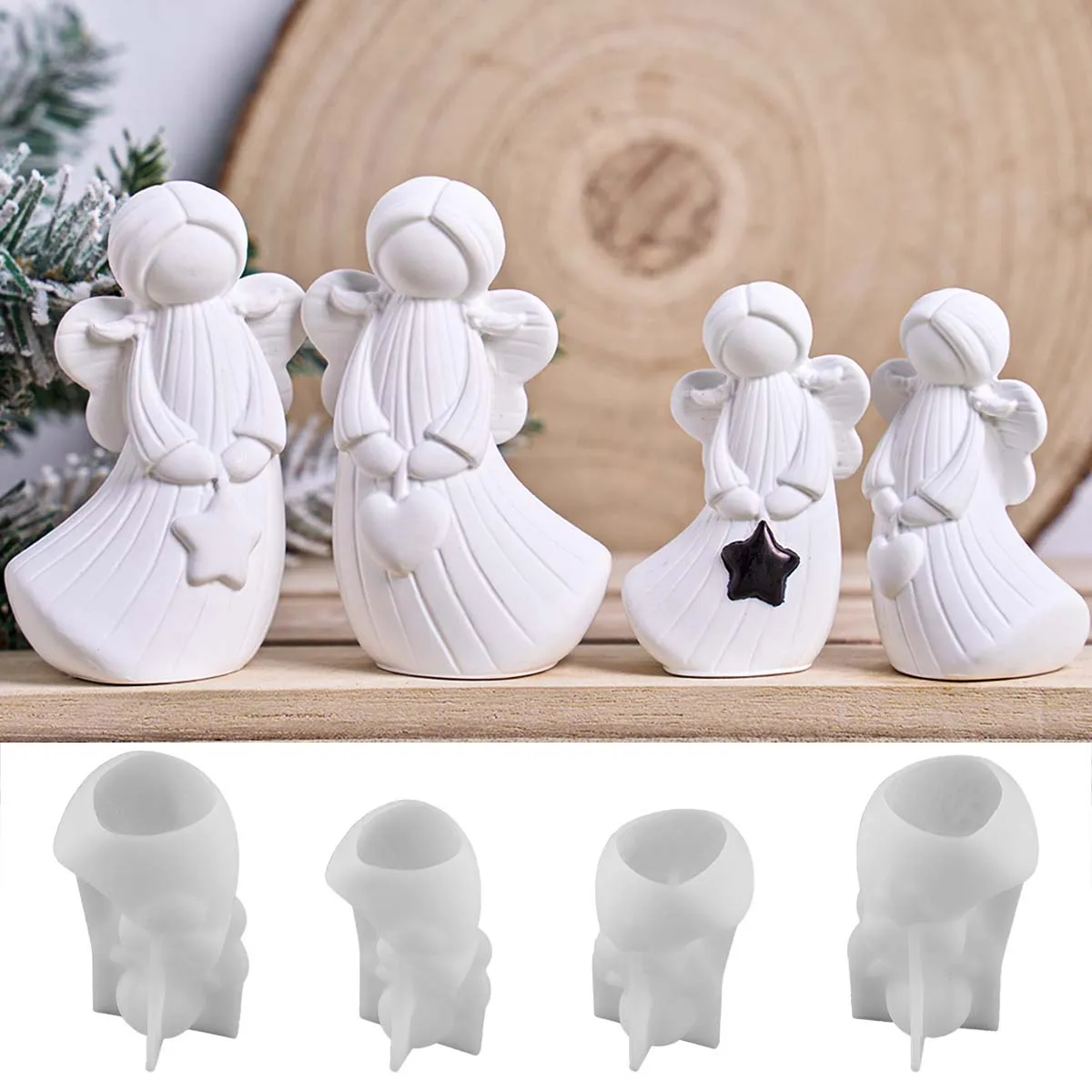 2Pcs Angel Silicone Moulds DIY Handmade Angel Plaster Resin Moulds with Heart Star Designs 3D Angel Decorative Sculptures Craft