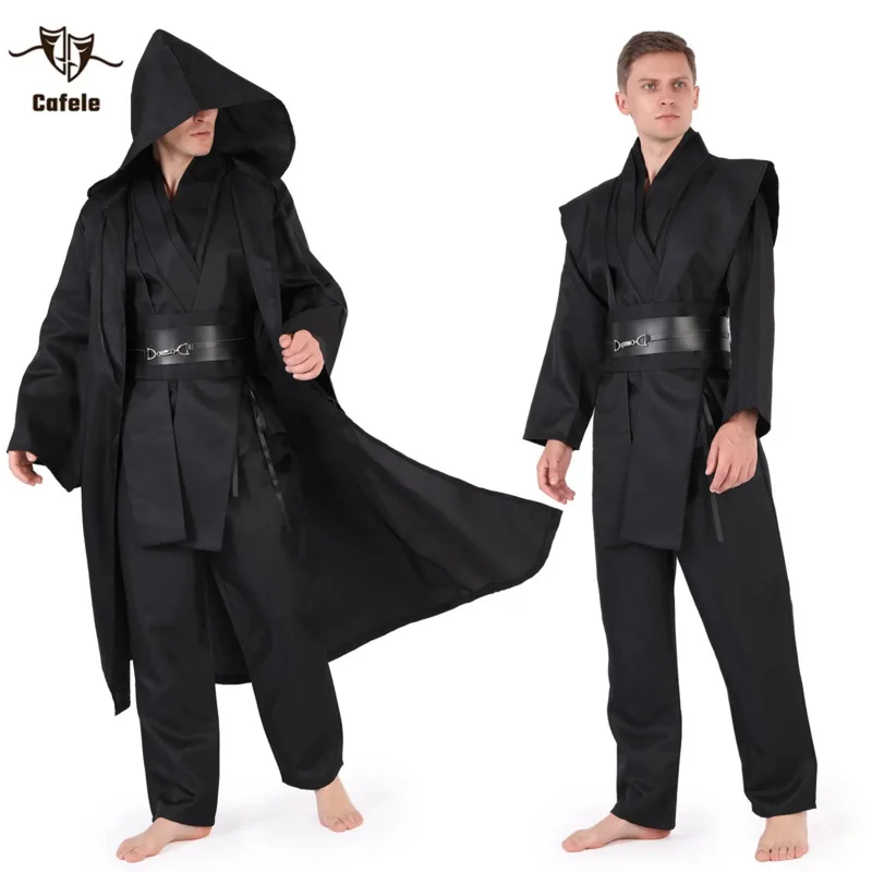 Cafele Halloween Tunic Costume Set Cosplay Outfit Jedi Knight Brown White Hooded Robe Obi Wan Black Cosplay Costume for Adult