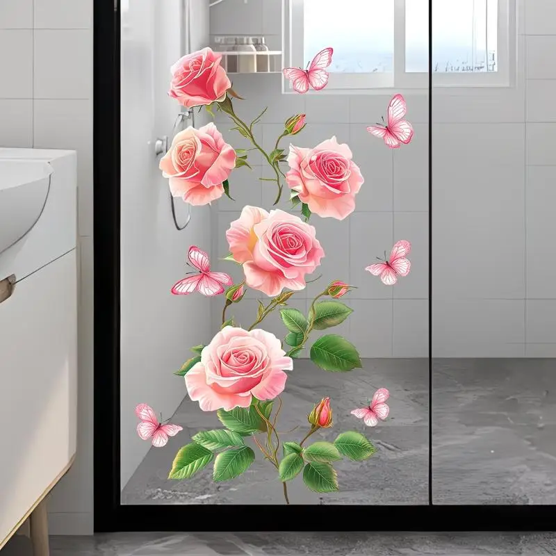 [S]Elegant Rose Glass Stickers Bathroom Glass Door Sticker Adhesive Removable Waterproof Decals Privacy Decor Home Decor