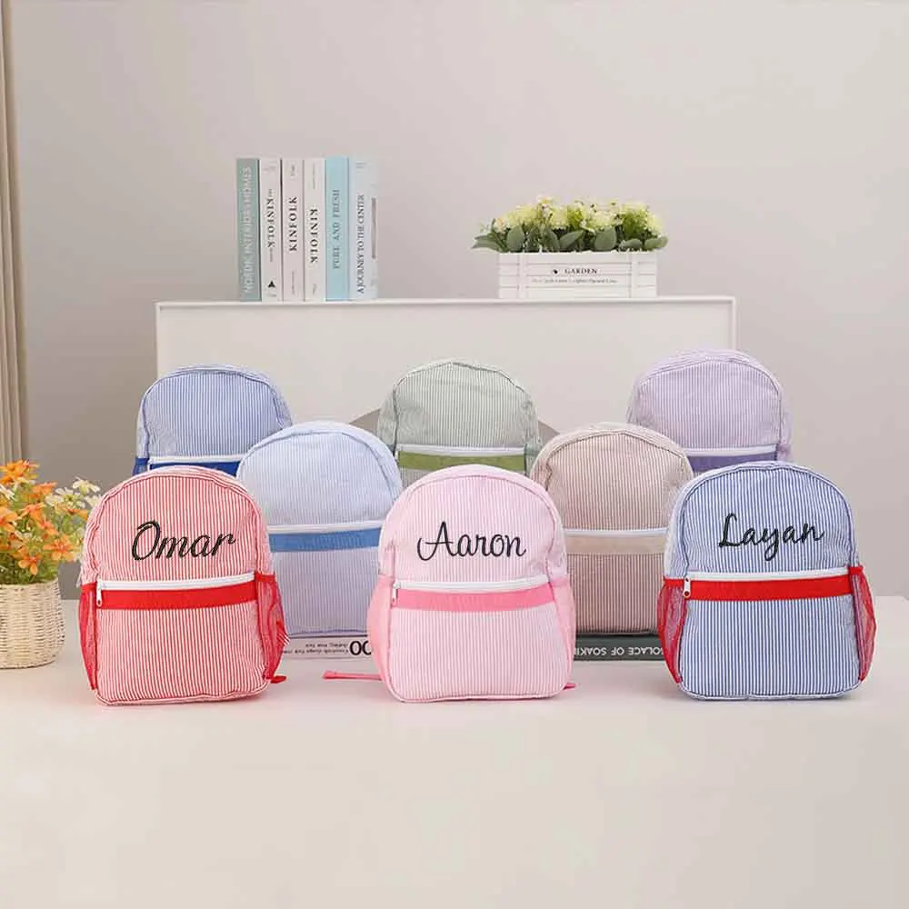 Candy Color Personalized Name Monogrammed Seersucker Backpack Embroidered Kids Book Bag Unique Gift for Children