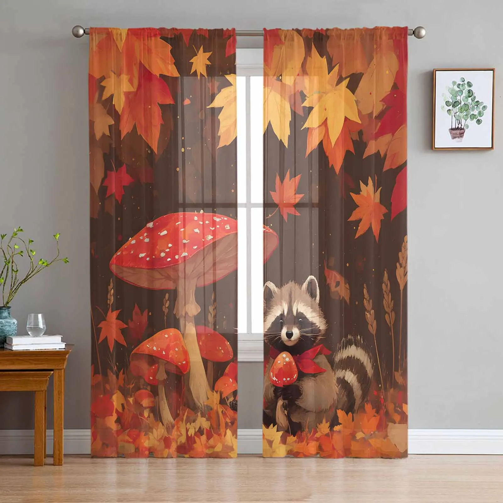 Autumn Maple Leaf Mushroom Raccoon Sheer Curtain Living Room Drapes Home Bedroom Voile Curtain Tulle Window Curtain