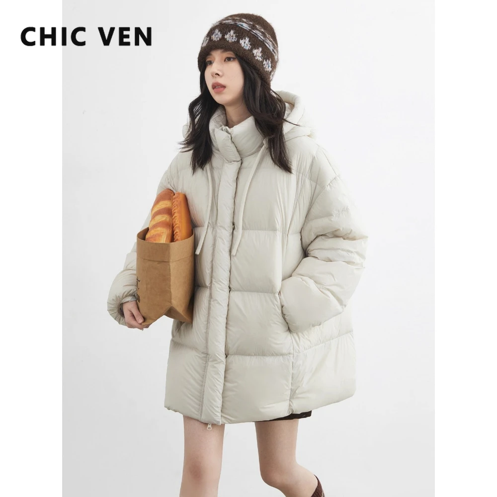 CHIC VEN New Women Down Jacket Solid Loose Casual Hooded Ladies Down Jacket for Woman 90 White Duck Down Coat Autumn Winter 2025