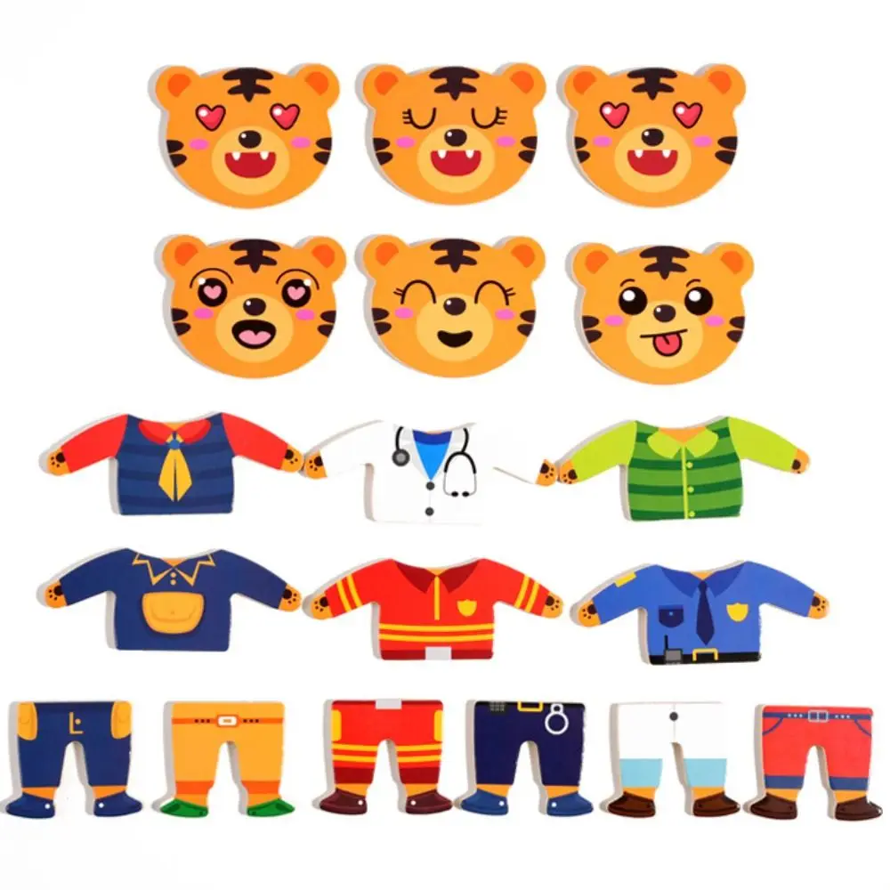 Material de madera rompecabezas de madera diseño de dibujos animados cambiar ropa característica dibujos animados cambiar ropa juego Tigre