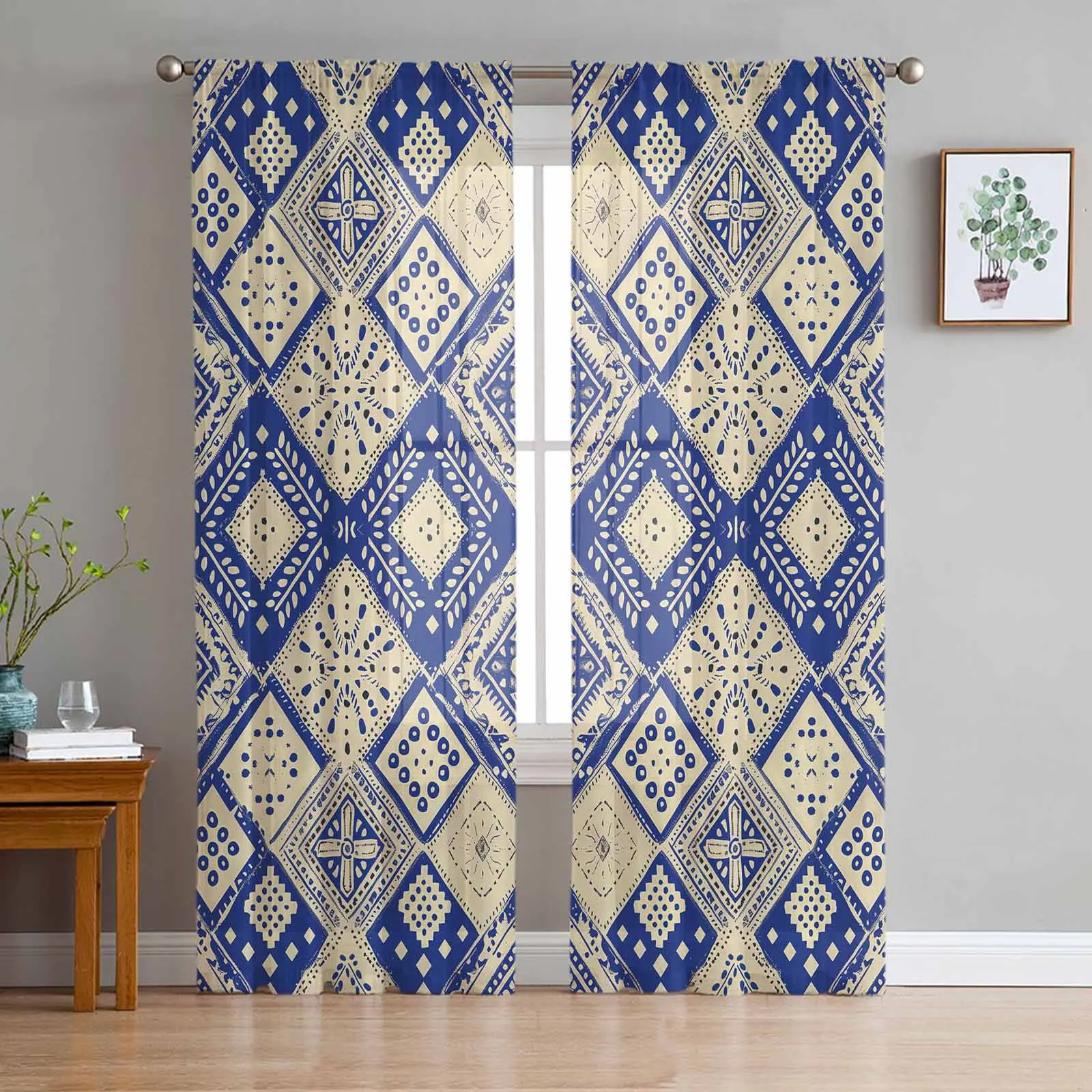 Grid Watercolor Hand Painted Tulle Curtains for Living Room Bedroom Modern Chiffon Sheer Voile Kitchen Window Curtain