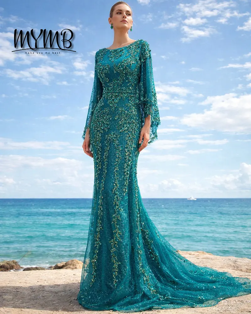 MYMB Shiny Embroidery Mermaid Evening Dresses With Beaded Embroidery Mother of the Bride Dresses for Wedding Formal Gowns DXM004