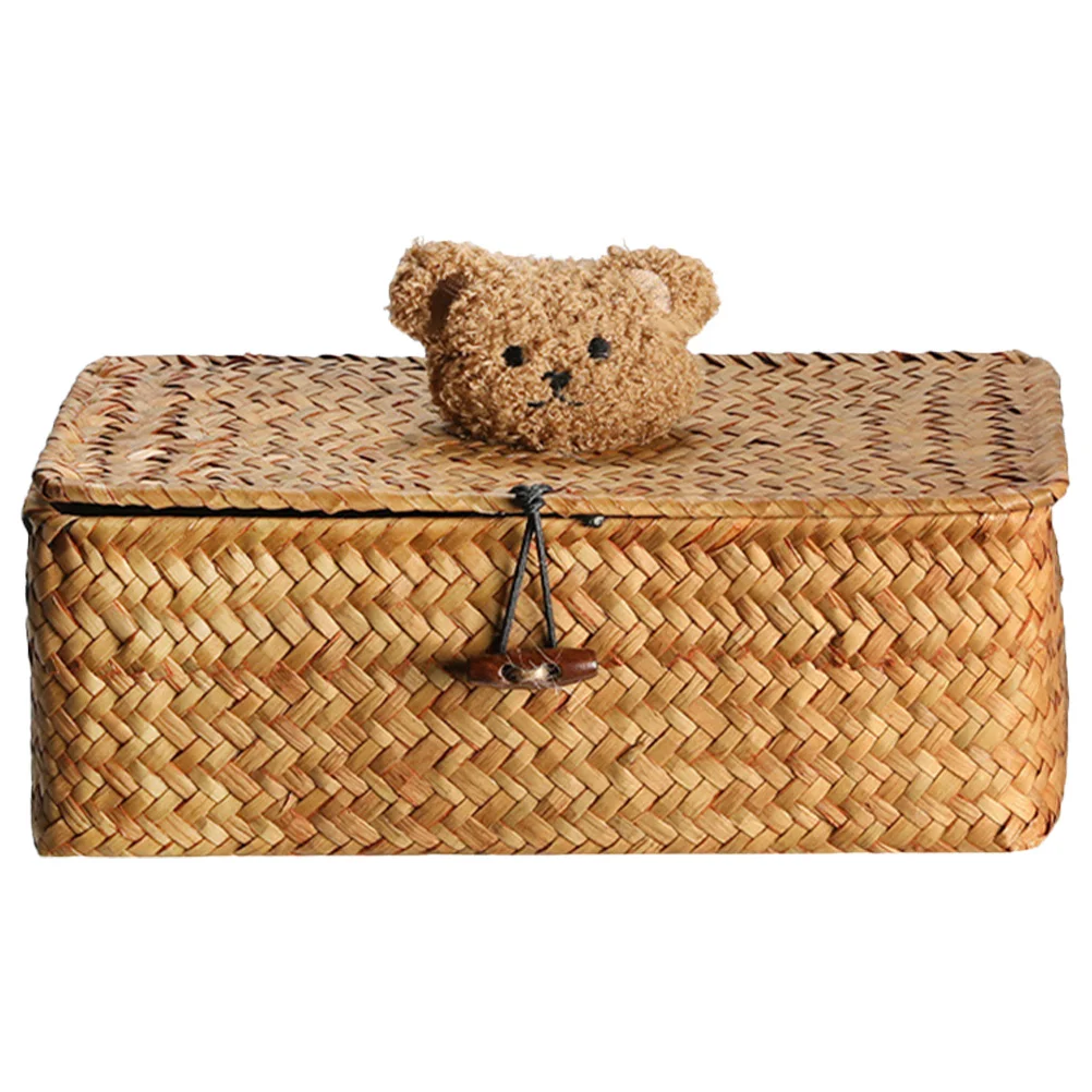 

Woven Storage Basket with Lid Small Bear Design Countertop Organizer for Keys Makeup Accessories Household Multipurpose