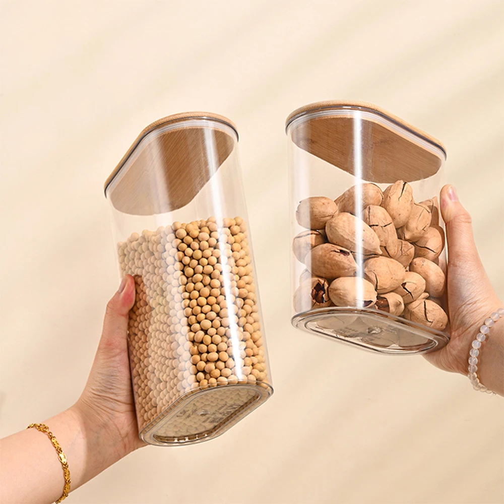 Wood Lid Plastic Airtight Canister Kitchen Storage Bottles Jars Food Container Grains Coffee Beans Grains Candy Jar Containers