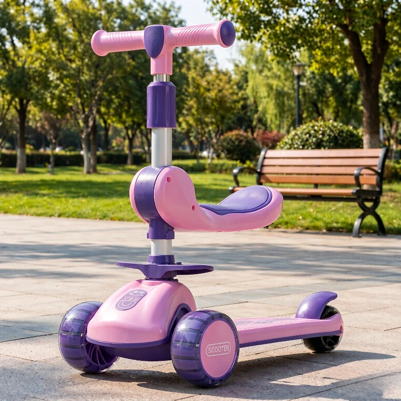 3-in-1 Seated Kids Scooter, Folding Ride-On Scooter with a Push Handle, Rotating Seat, Footrests and Quiet Light-Up Wheels