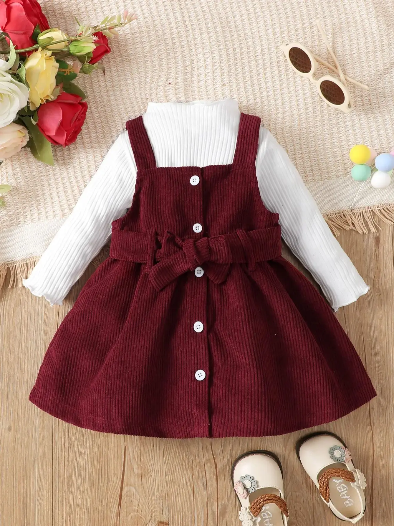 0-3-year-old Newborn Baby Girl Spring and Autumn High Neck Solid Color Long sleeved Dress Set with Waist Wrap