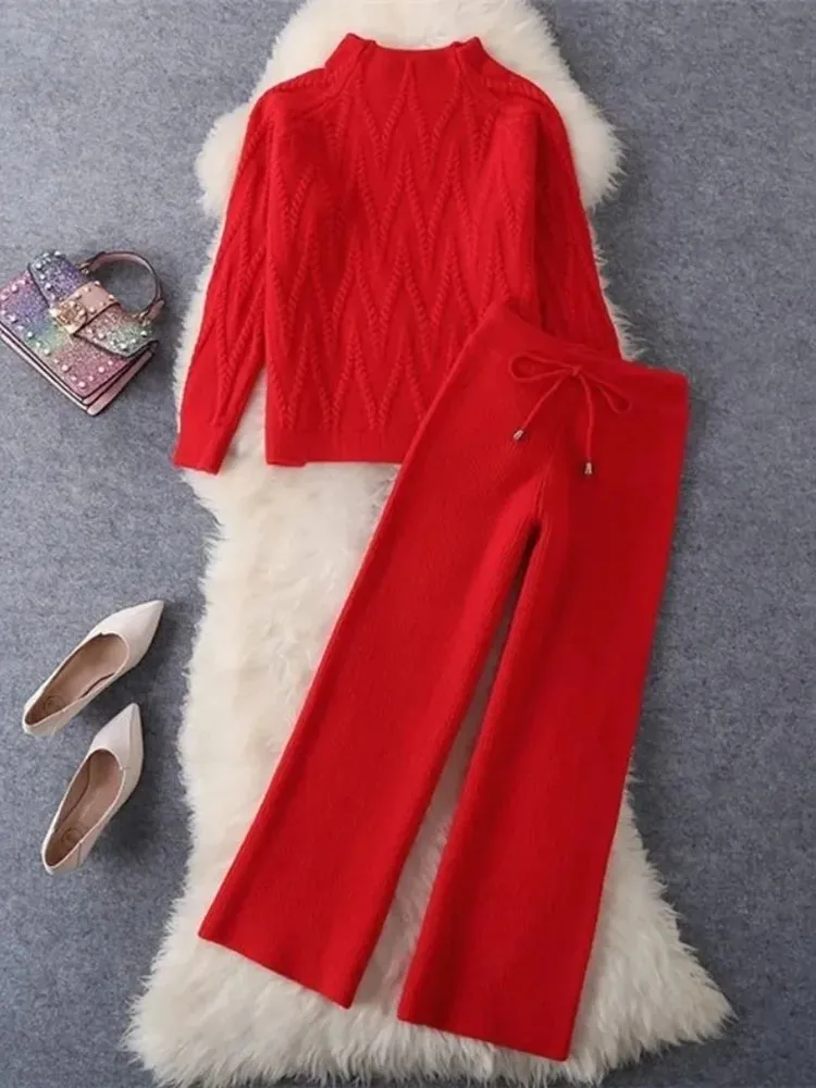 Winter Fall Knit 2 Piece Sets Half High Collar Warm Sweater Outfit Wide Leg Loose Pant Suits Solid Color Soft Korean Tracksuit