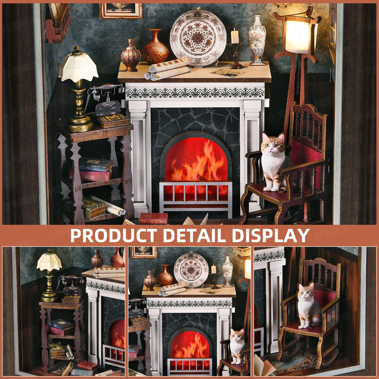Bücherregal-Deko-Set Kamin DIY 3D Holzpuzzle Fotorahmen Ornament Bücherregal Puppenhaus Modell Buchstütze Bausatz Heimdekoration – Detail 4