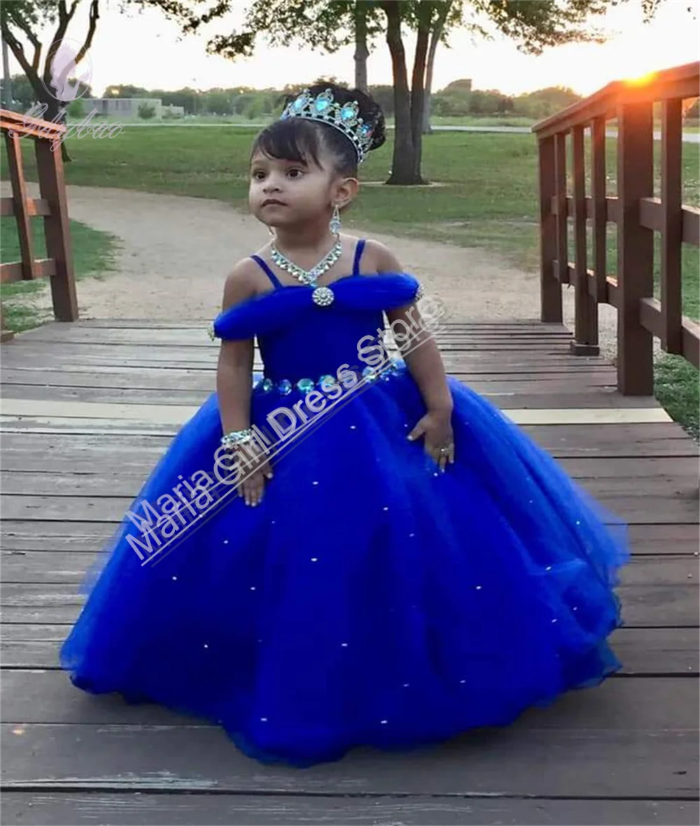 Royal Blue Princess Festive Dresses Tulle Elegance Flower Girl Dresses  For Wedding Baptism Toddler Official Events