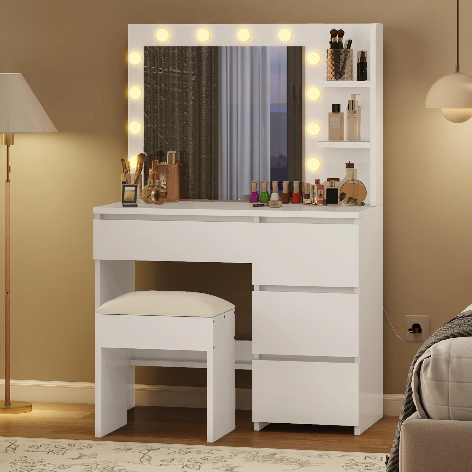 Coiffeuse Balconera avec miroir LED et tabouret – Bureau de maquillage blanc avec 4 tiroirs, compartiments ouverts et éclairage réglable