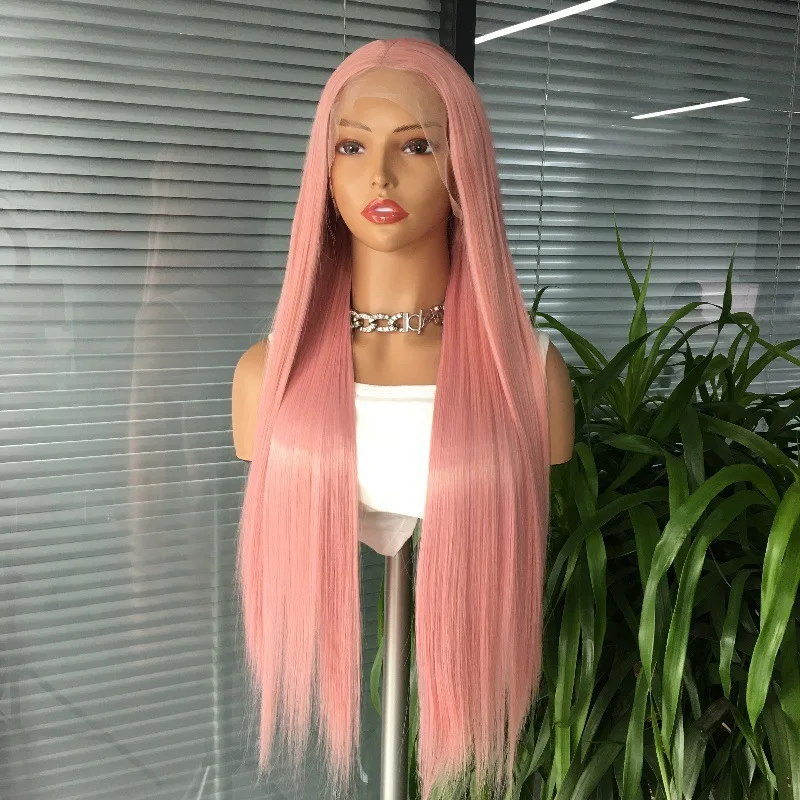 Pink Hair Synthetic Lace Front wigs Long Straight Wig for Women Girls Party cosplay Vacation Concert Daily Use Comfortable