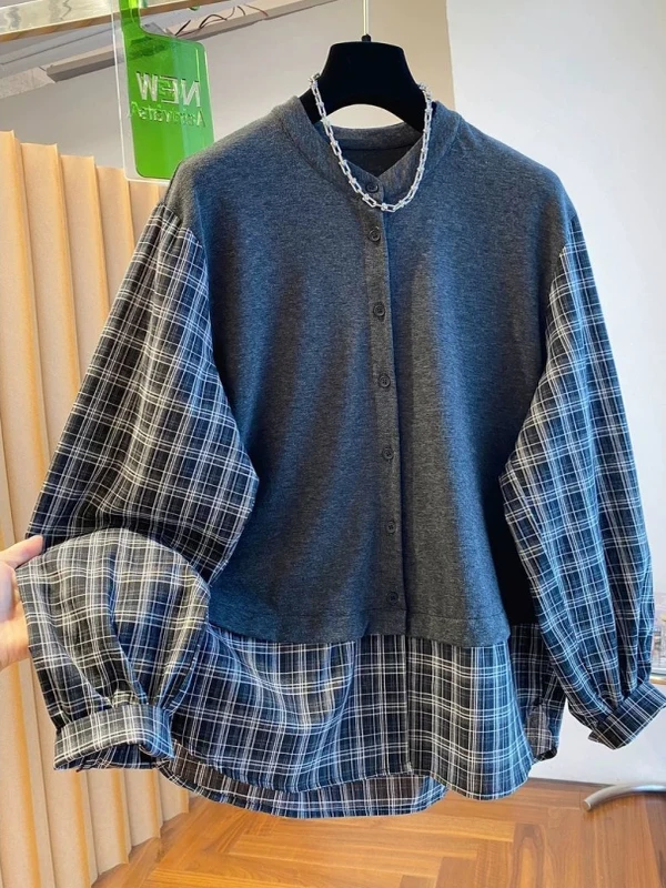 

plus Size Casual Plaid Patchwork irt Men's Spring Autumn Design Sense irt Breathable Anti-static Easy Care Comfortable Fit